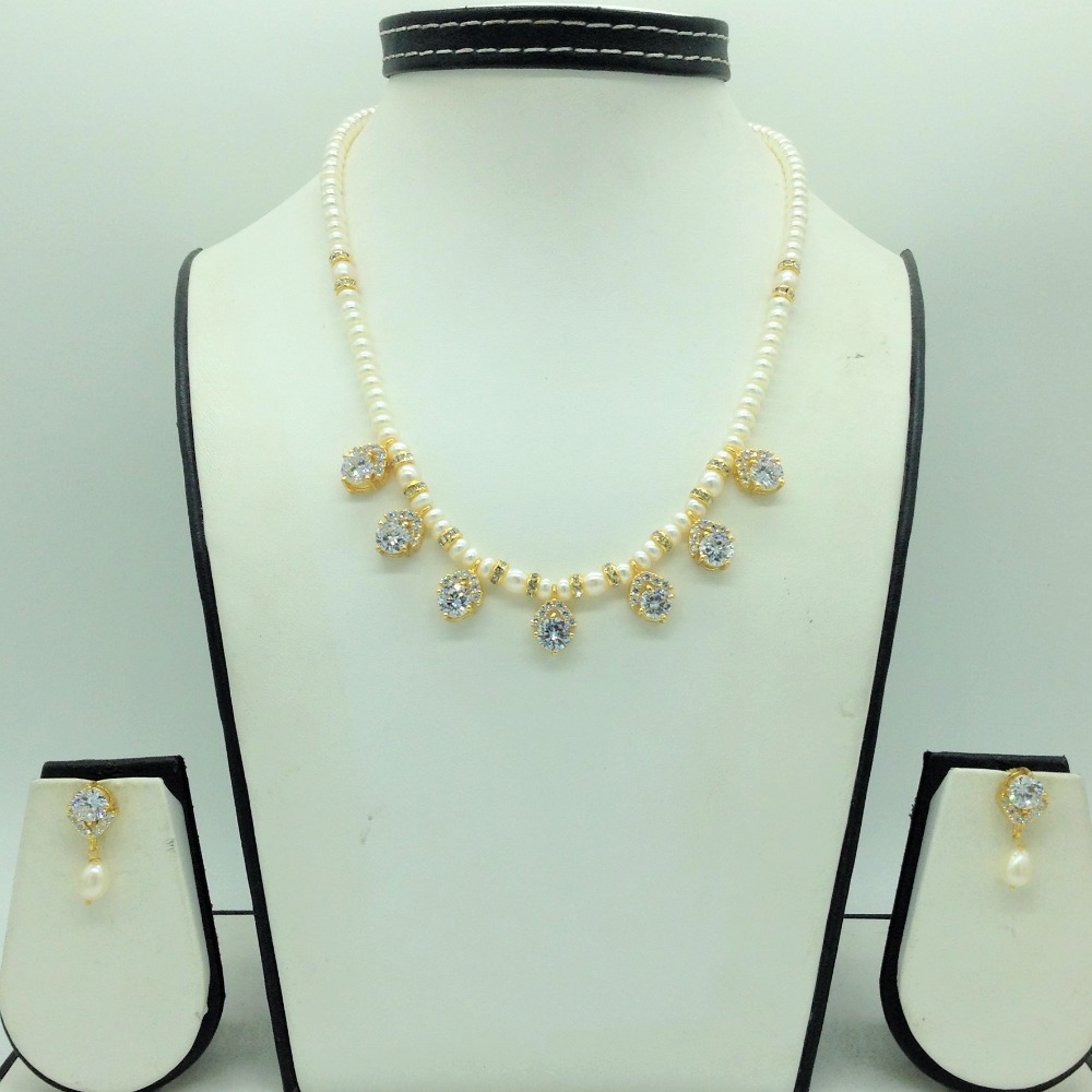 White cz 7 pcs set with 1 line flat pearls mala jps0741