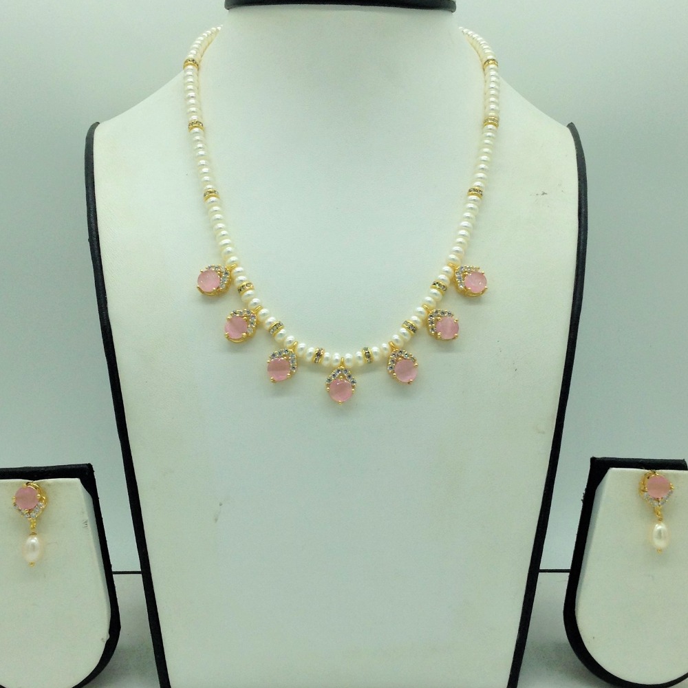 White,pink cz 7 pcs set with 1 line flat pearls mala jps0740