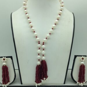 Freshwater White Flat Pearls with Red Beeds Tussles Set JPP1090