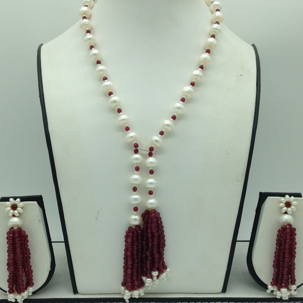 Freshwater White Flat Pearls with Red Beeds Tussles Set JPP1090