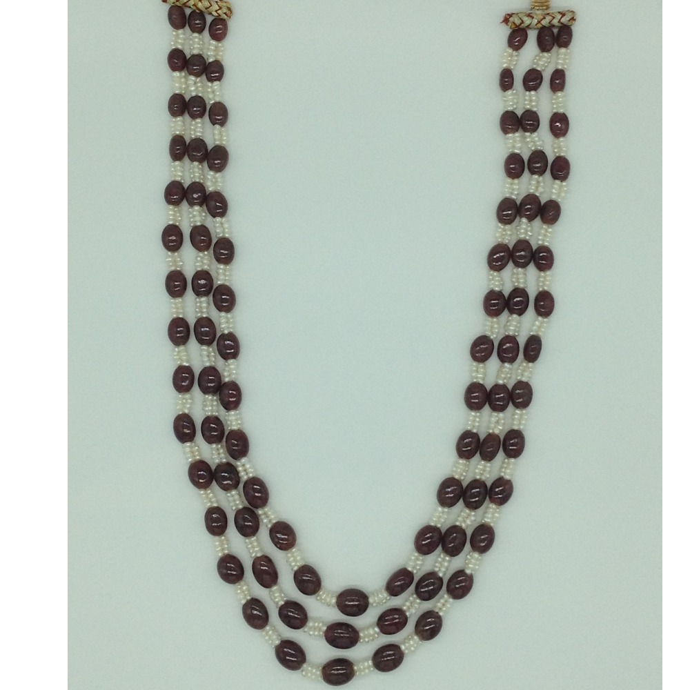 Natural Red Ruby Aweja and Seed Pearls 3 Layers Necklace JSR0155