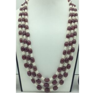 Natural Red Ruby Aweja and Seed Pearls 3 Layers Necklace JSR0155