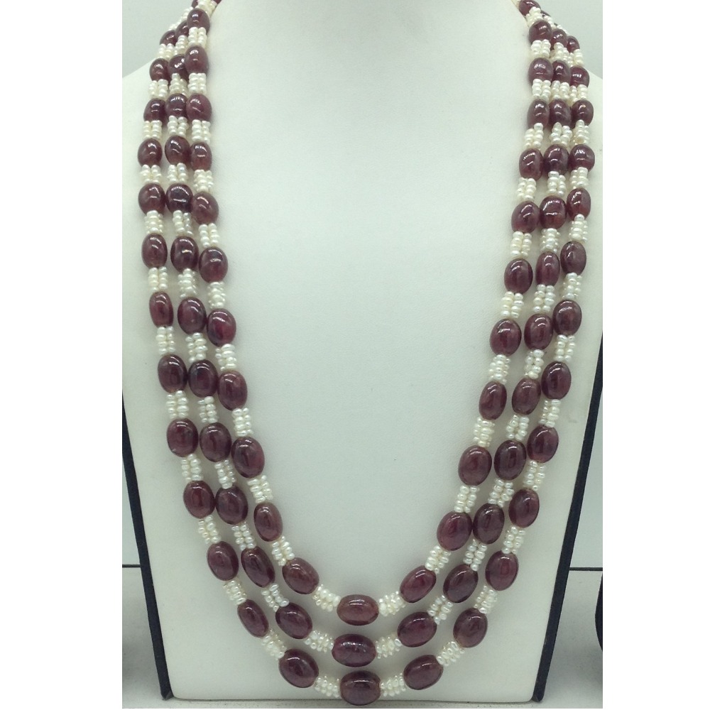 Natural Red Ruby Aweja and Seed Pearls 3 Layers Necklace JSR0155