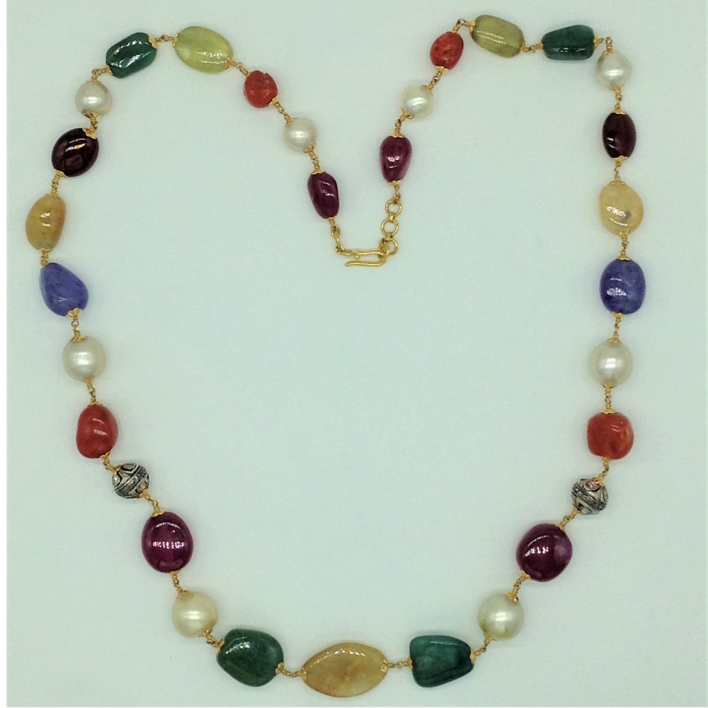 Sea Water Round Pearls with Navratan Aweja Gold Taar Necklace JGT0025