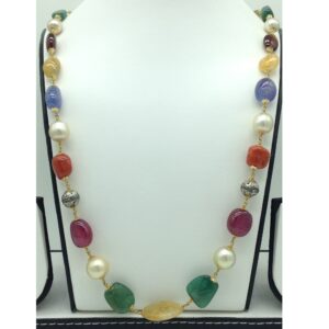 Sea Water Round Pearls with Navratan Aweja Gold Taar Necklace JGT0025