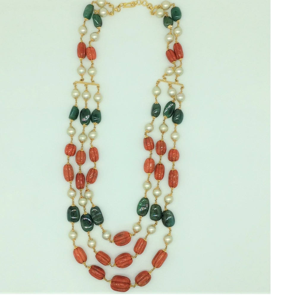 Sea Water Pearls with Corals,Emeralds Gold Taar Necklace JGT0022