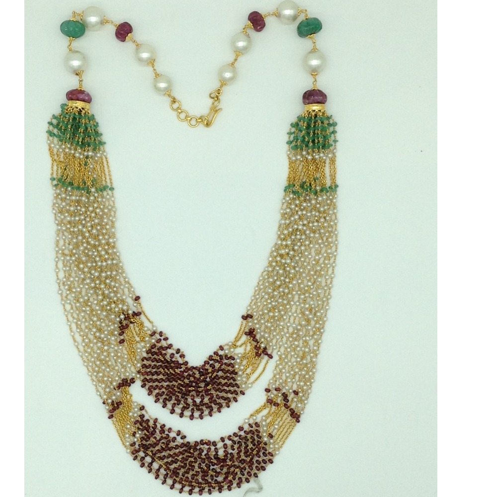 Freshwater Round Pearls with Ruby,Emeralds Gold Taar Necklace JGT0021