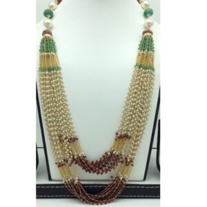 Freshwater Round Pearls with Ruby,Emeralds Gold Taar Necklace JGT0021