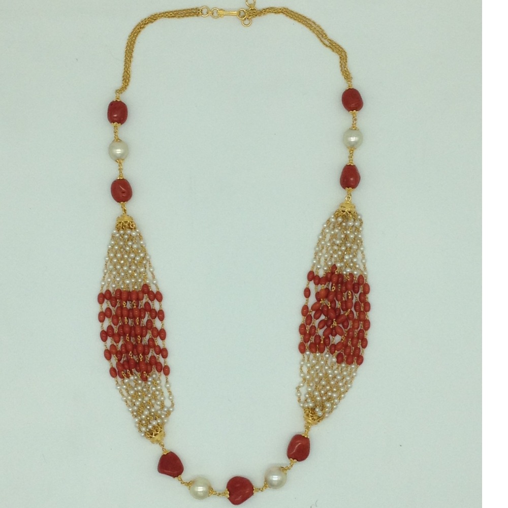 South Sea Pearls Coral Oval Tumbles Gold Taar Necklace Set JGT0015