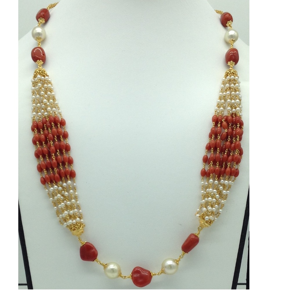South Sea Pearls Coral Oval Tumbles Gold Taar Necklace Set JGT0015