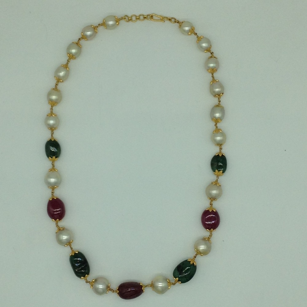 South Sea Pearls With Ruby Emerald Tumbles Gold Necklace JGT0014