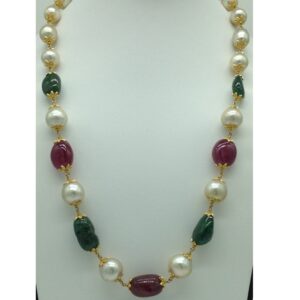 South Sea Pearls With Ruby Emerald Tumbles Gold Necklace JGT0014