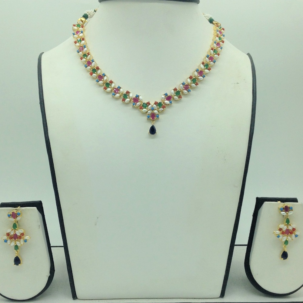 Navratan and white button pearls necklace set jnc0165