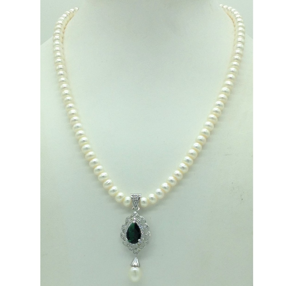 White,Green Cz Pendent Set With 1 Line Flat Pearls Mala JPS0732 - Image 2