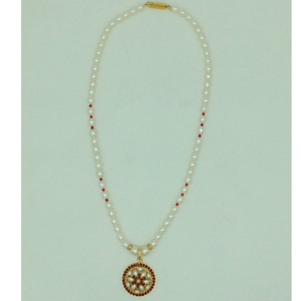 Pearl,Coral Pendent Set With 1 Line Oval Pearls Mala JPS0729