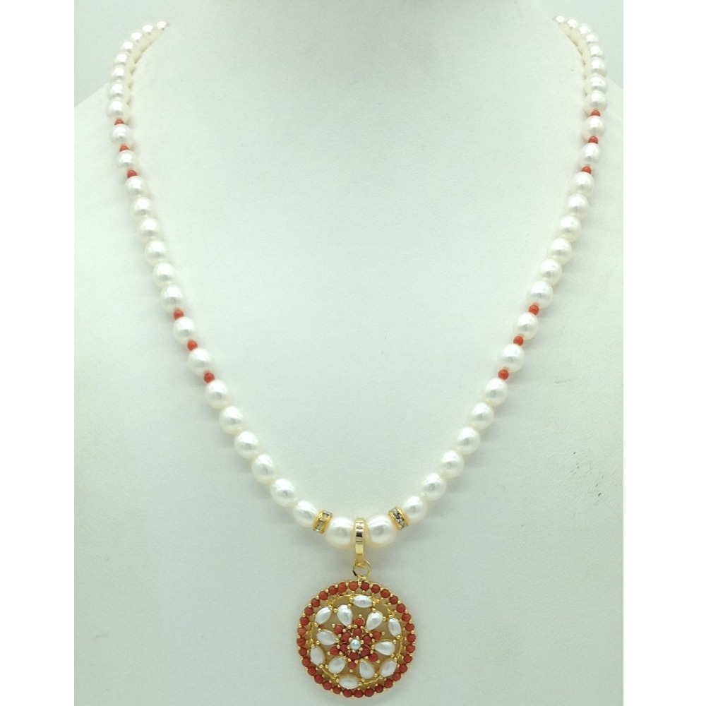 Pearl,Coral Pendent Set With 1 Line Oval Pearls Mala JPS0729