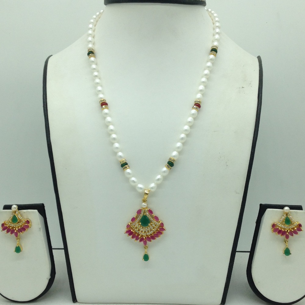 Multi CZ Pendent Set With 1 Line Oval Pearls Mala JPS0728