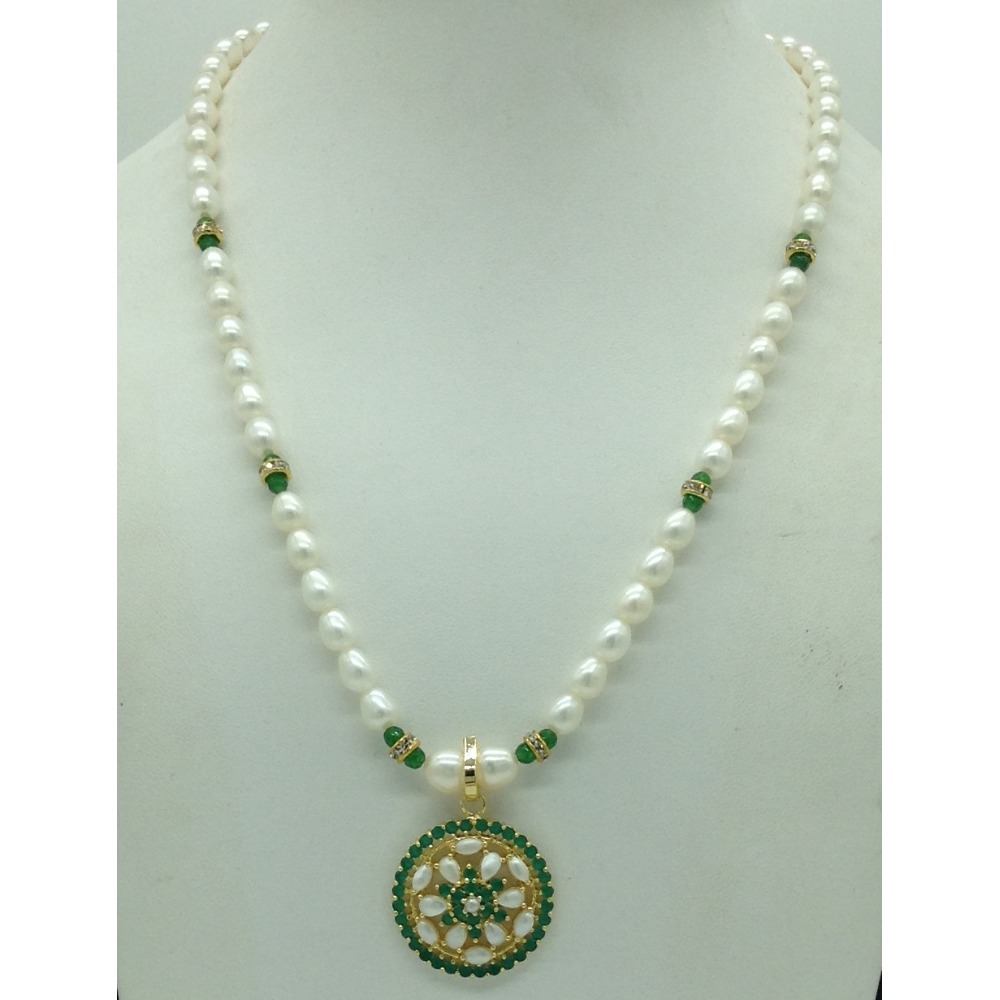 Green CZ Pendent Set With 1 Line Oval Pearls Mala JPS0726 - Image 2