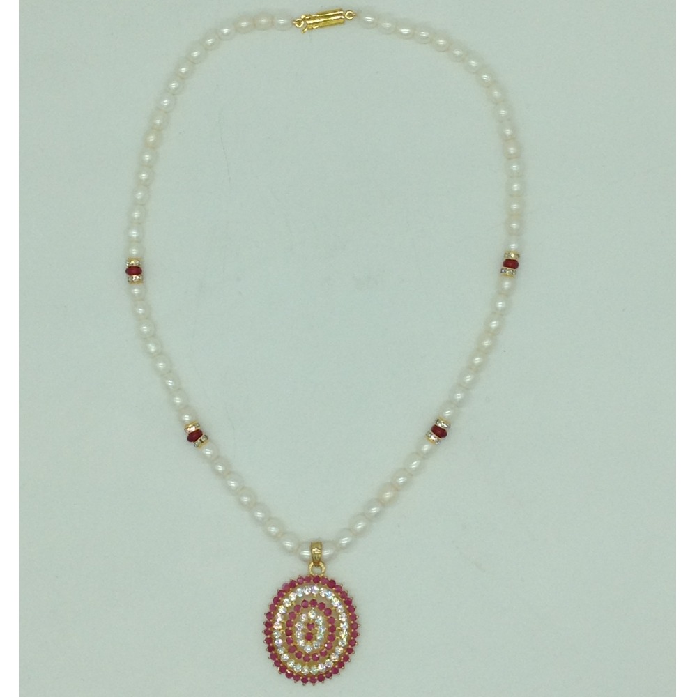 White,Red CZ Pendent Set With 1 Line Oval Pearls Mala JPS0725 - Image 4