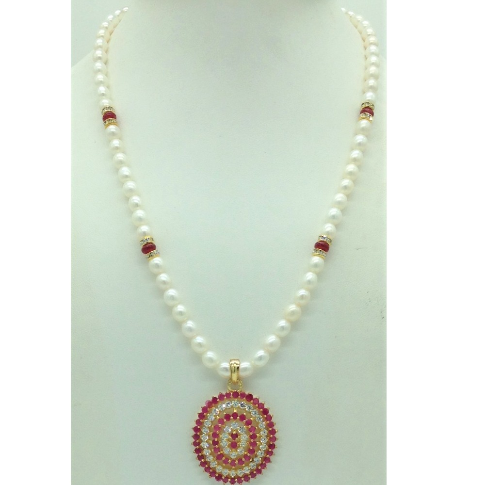 White,Red CZ Pendent Set With 1 Line Oval Pearls Mala JPS0725 - Image 2