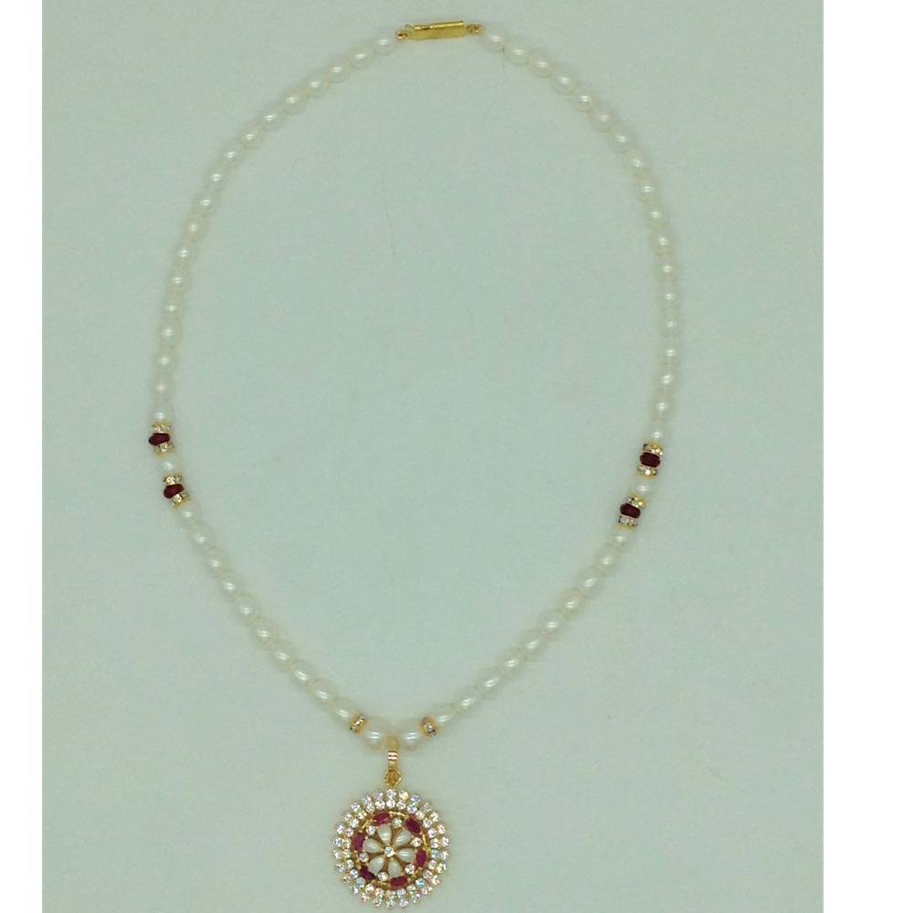 White,Red CZ Pendent Set With 1 Line Oval Pearls Mala JPS0723 - Image 4