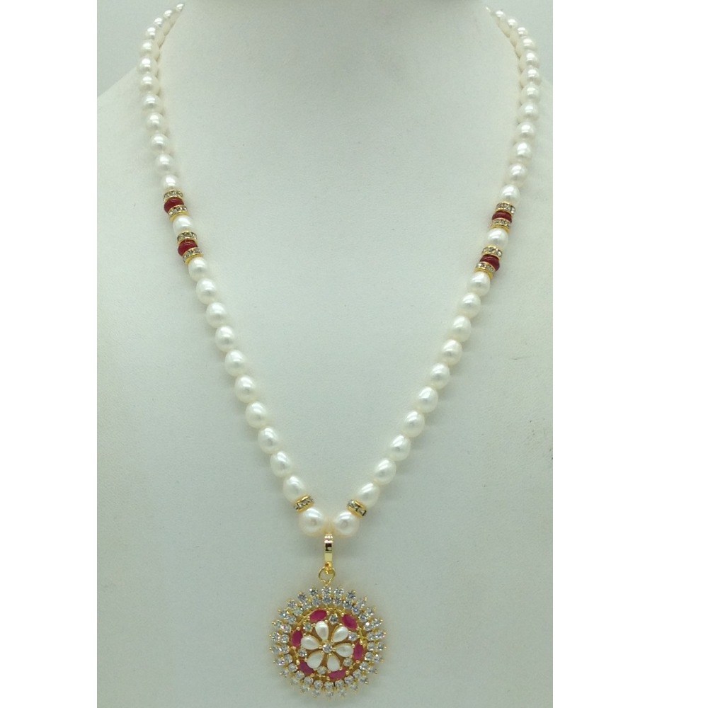 White,Red CZ Pendent Set With 1 Line Oval Pearls Mala JPS0723 - Image 2