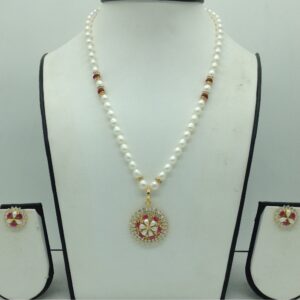 White,Red CZ Pendent Set With 1 Line Oval Pearls Mala JPS0723