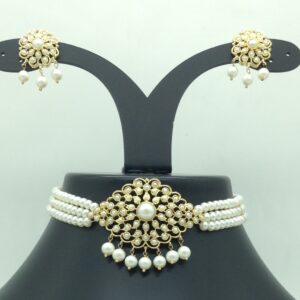 Pearls Choker Set With 3 Line Flat Pearls Mala JPS0715