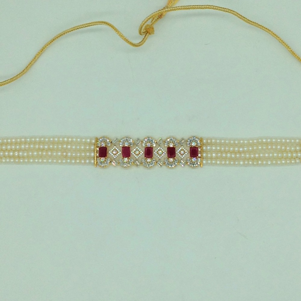 White,Red CZ Choker Set With 4 Line Flat Pearls Mala JPS0714 - Image 4