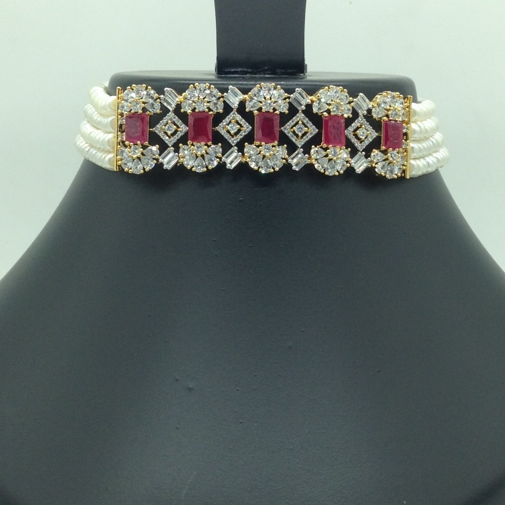 White,Red CZ Choker Set With 4 Line Flat Pearls Mala JPS0714 - Image 2