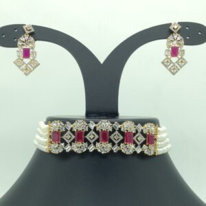 White,Red CZ Choker Set With 4 Line Flat Pearls Mala JPS0714