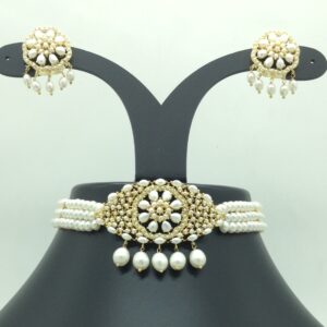 Pearls Choker Set With 3 Line Flat Pearls Mala JPS0713