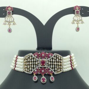 White,Red CZ Choker Set With 5 Line Flat Pearls Mala JPS0711
