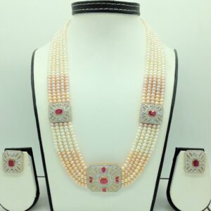 White ,Red CZ Brooch Set With 5 Lines Shaded Pearls Mala JPS0709