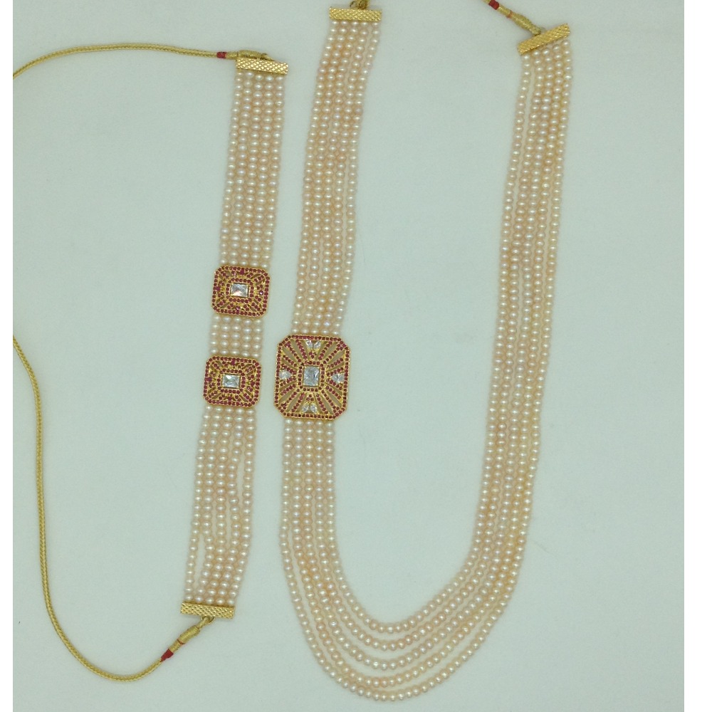 White ,Red CZ Brooch Set With 5 Lines Orange Pearls Mala JPS0708 - Image 4