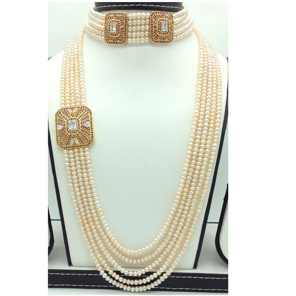 White ,Red CZ Brooch Set With 5 Lines Orange Pearls Mala JPS0708 - Image 2