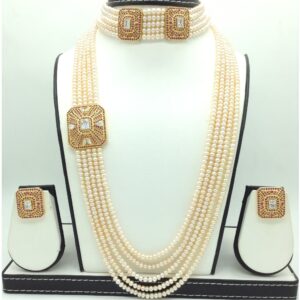White ,Red CZ Brooch Set With 5 Lines Orange Pearls Mala JPS0708