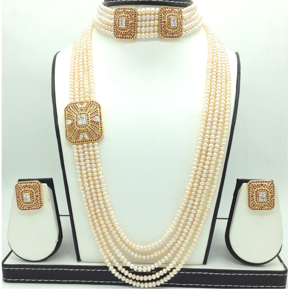White ,Red CZ Brooch Set With 5 Lines Orange Pearls Mala JPS0708