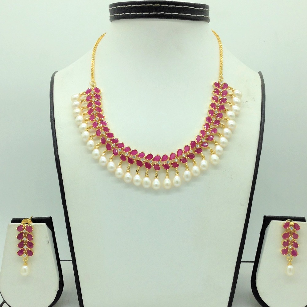 White ,red cz stones and tear drop pearls necklace set jnc0152