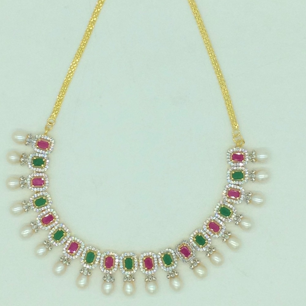 Multicolour CZ Stones and Tear Drop Pearls Necklace Set JNC0149