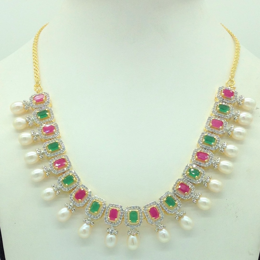 Multicolour CZ Stones and Tear Drop Pearls Necklace Set JNC0149