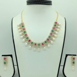 Multicolour CZ Stones and Tear Drop Pearls Necklace Set JNC0149