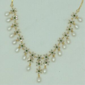 White, Green CZ Stones and Tear Drop Pearls Necklace Set JNC0147