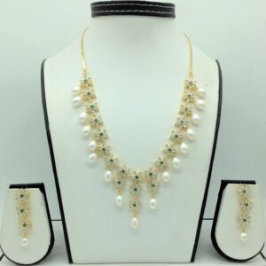 White, Green CZ Stones and Tear Drop Pearls Necklace Set JNC0147