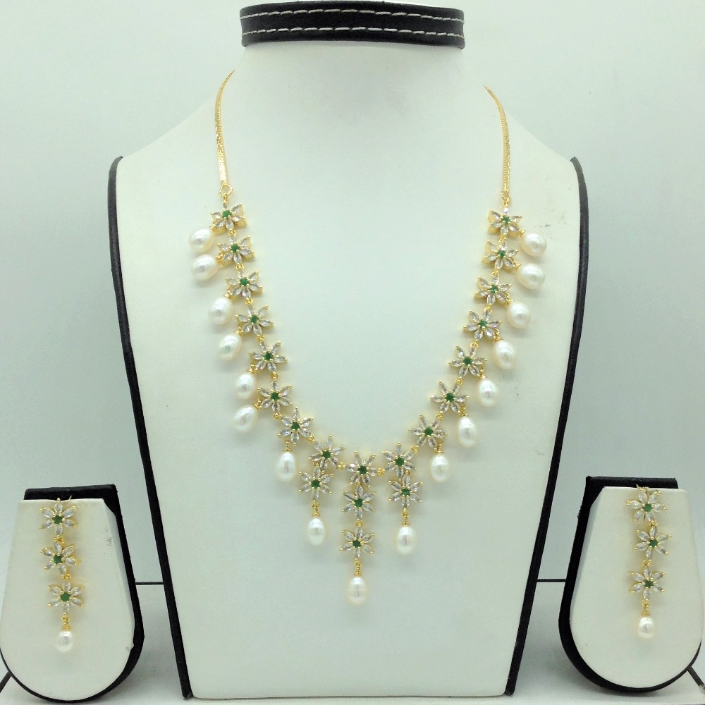 White, Green CZ Stones and Tear Drop Pearls Necklace Set JNC0147