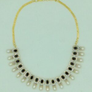 White Blue CZ Stones and Tear Drop Pearls Necklace Set JNC0144