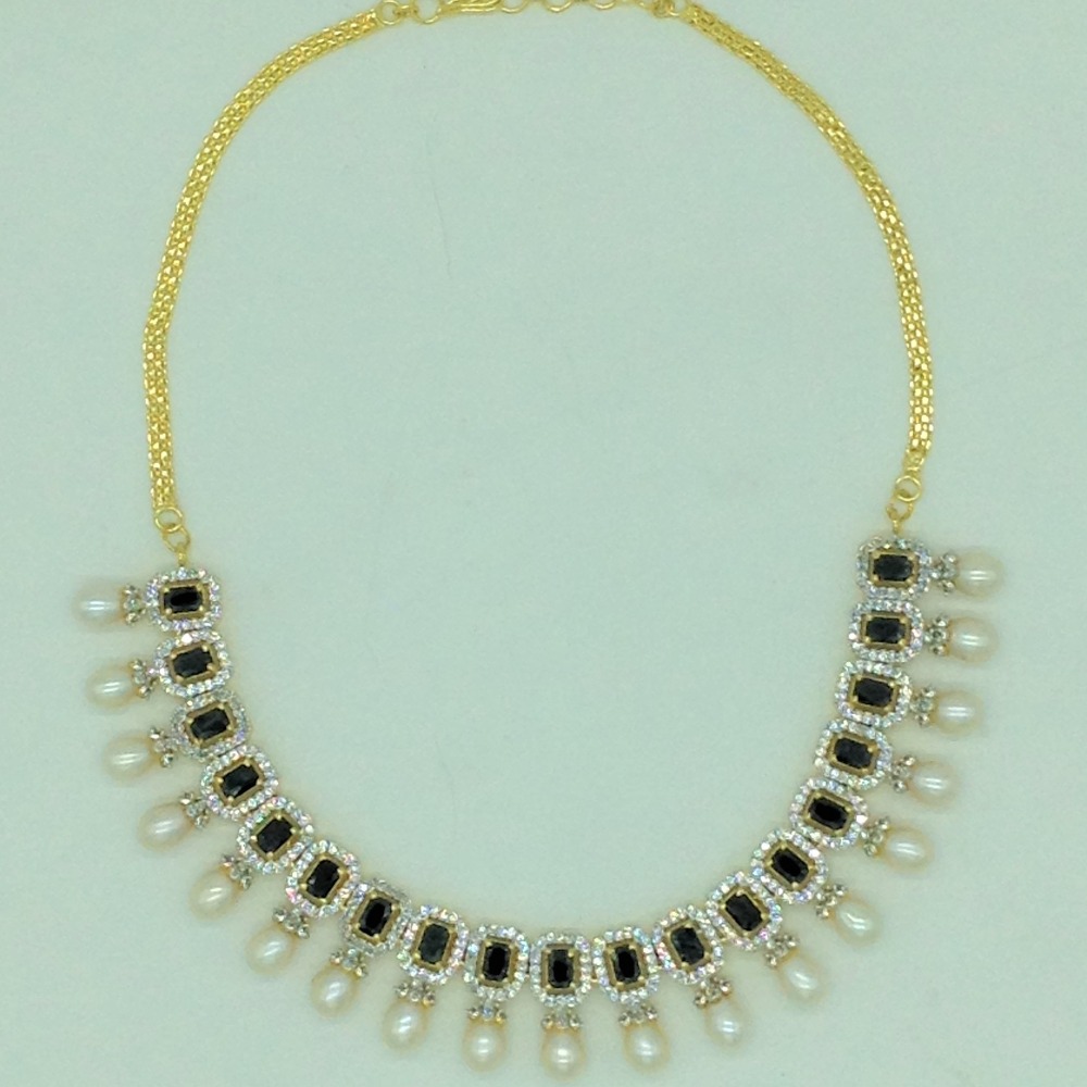 White Blue CZ Stones and Tear Drop Pearls Necklace Set JNC0144