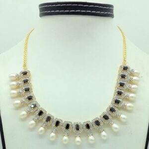 White Blue CZ Stones and Tear Drop Pearls Necklace Set JNC0144