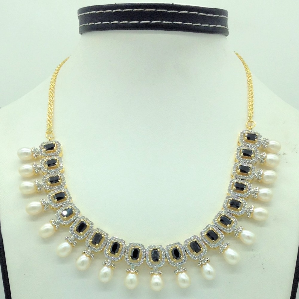 White Blue CZ Stones and Tear Drop Pearls Necklace Set JNC0144