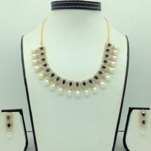 White Blue CZ Stones and Tear Drop Pearls Necklace Set JNC0144